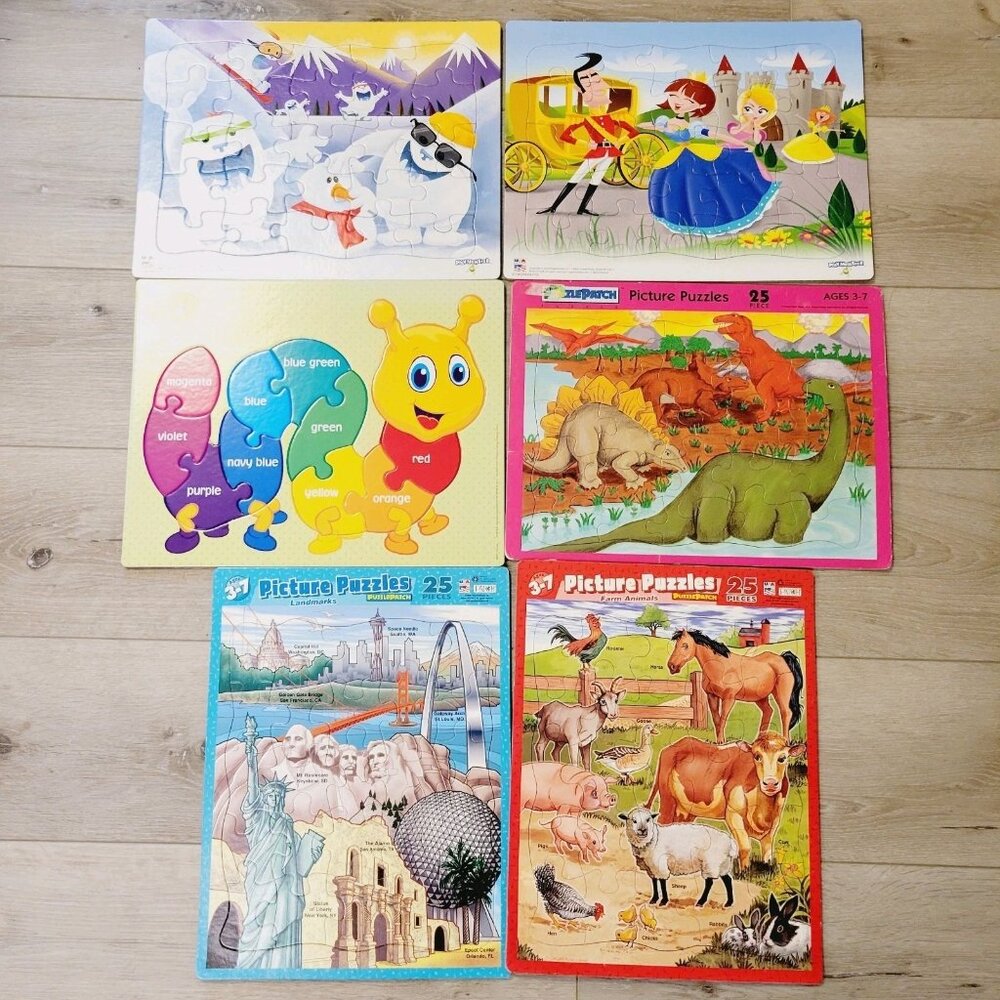 6 Vtg 14 x 11 Mix Tray Puzzles Snowman Farm Animals Dinosaurs Landmarks Princess